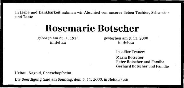 Botscher Rosemarie 1933-2000 Todesanzeige